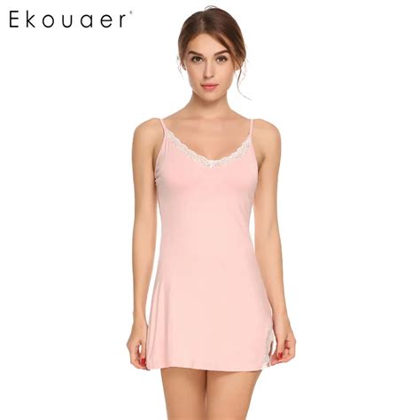 Ekouaer Spaghetti Strap Women Nightgown Sexy Sleeveless Nightwear Lace Patchwork V Neck
