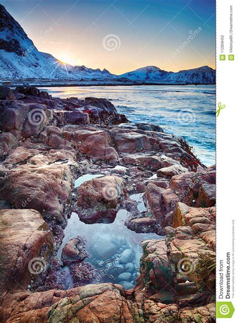 Beautiful Sunset Norway Landscape Of Picturesque Stones On