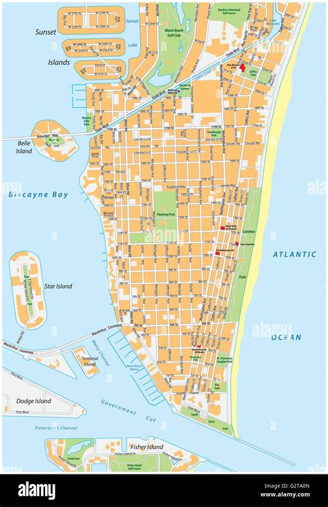 Miami Beach Vector Detallado Mapa De Calles Con Nombres Florida Imagen