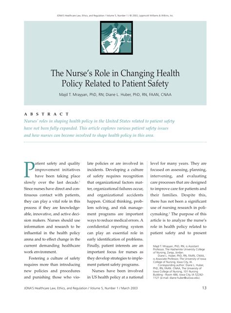 Pdf The Nurses Role In Changing Health Policy Related To Patient Safety