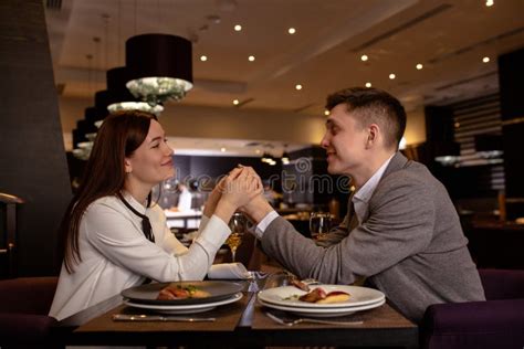 Happy Couple Have Dinner Dating In Restaurant Stock Image Image Of Affection Date 175786083
