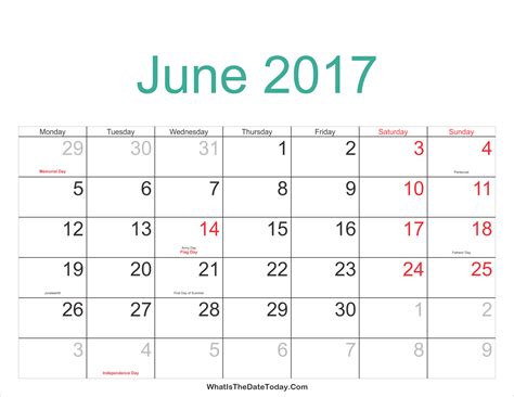 June 2017 Calendar Printable With Holidays Whatisthedatetoday Com