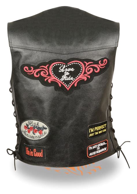 Womens Black Leather Love To Ride Leather Motorcycle Vest W Patches