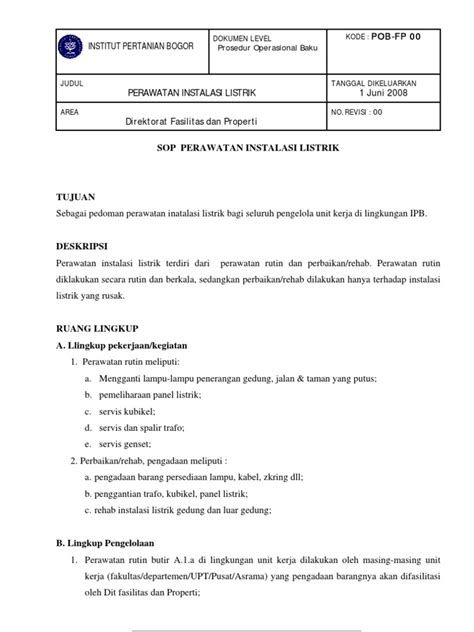Pemeliharaan instalasi listrik sop nomor dokumen nomor revisi tanggal terbit halaman ttd ka pkm puskesmas purwaharja i 1. SOP Perawatan Instalasi Listrik
