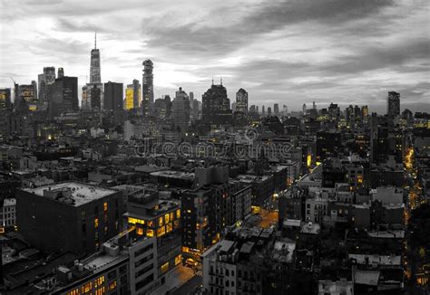 Black And White New York City Skyline Buildings At Night With Yellow
