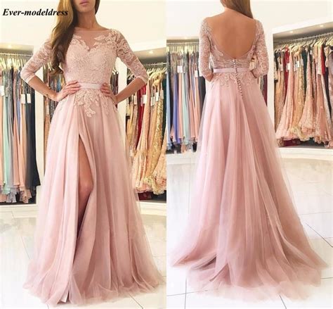 Blush Pink Bridesmaid Dresses 2018 High Side Split Backless Lace Long Sleeve Floor Length