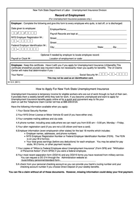 Record Of Employment New York State Department Of Labor Printable Pdf