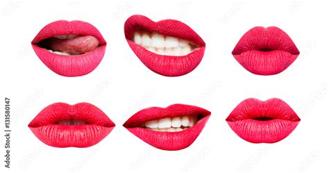 woman s lip set girl mouth close up with red lipstick makeup expressing different emotions