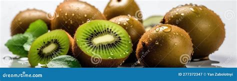 Kiwis With Droplets Standing On White Background Wide Panoramic