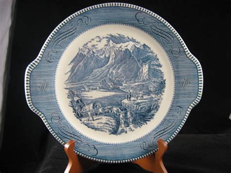 Currier And Ives Royal China Tab Handle Cake Plate Blue And White Rocky