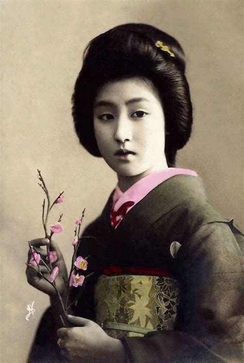 Portrait Of Woman In Kimono Hand Colored Photo Likely Late Th