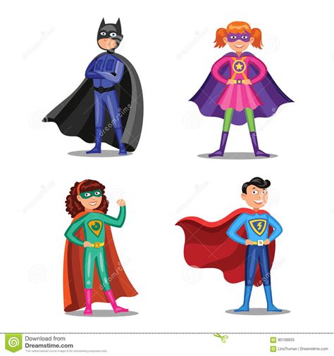 Set Of Cartoon Super Heroes Boys And Girls In Superhero Costumes Stock