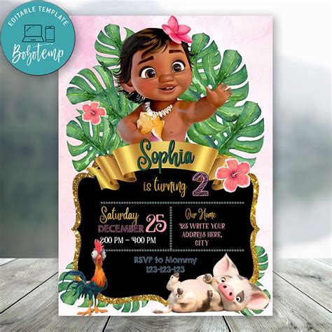 Editable Disney Princess Baby Moana Invitation Digital File Bobotemp