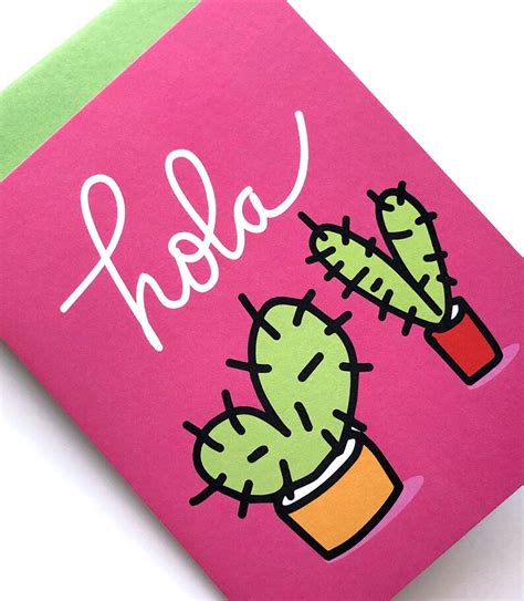 Hola Greeting Card Spanish Hello Hi Card Cactus Pink And Etsy