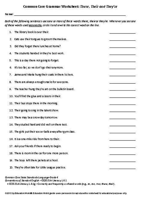 Common Core Grammar Worksheet: There, Their and They're | Education World
