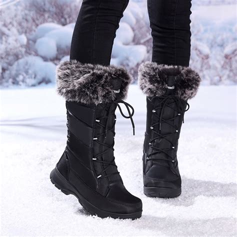 Winter Waterproof Boots Women Black Lace Up Warm Long Snow Shoes Woman