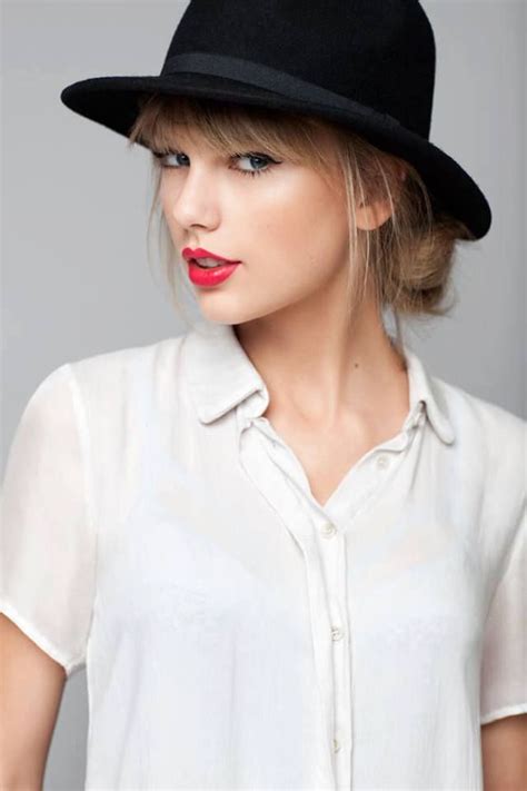 Taylor Swift Bold Red Lips White Button Down Shirt Black Hat Taylor Swift Taylor Swift
