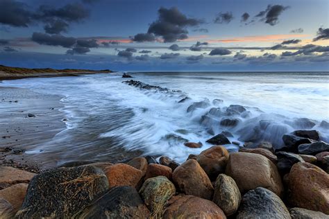 Sunset Sea Beach Rocks Waves Denmark Landscape Wallpaper 5472x3648