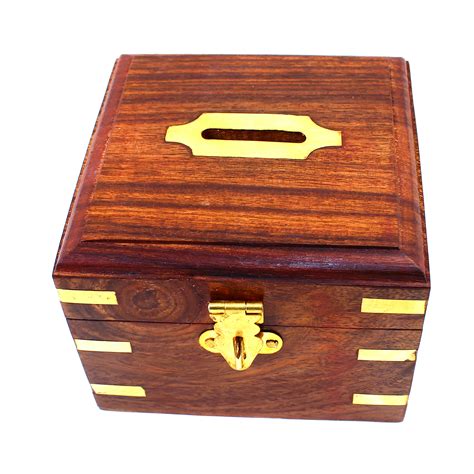 Money Box Urban Home Hand Carved Wooden Chest Vintage Style Square Cash