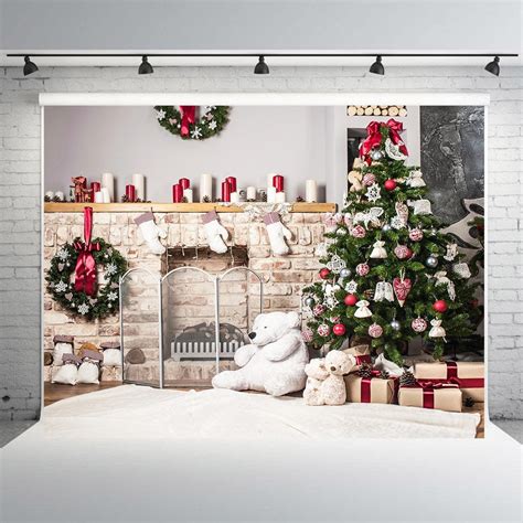 Hellodecor Polyester Fabric 7x5ft Christmas Tree White Brick Fireplace