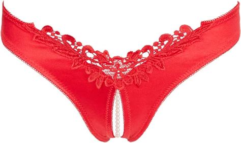 lingerie sexy roter spitzen rio string ouvert mit stimulierender perlenkette offenen schritt