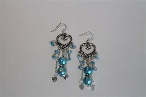 Chandelier Heart Earrings With Aqua Blue Glass Beads Etsy