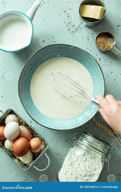 Kitchen Pancake Batter In A Bowl Eggs Milk Flour Butter Around