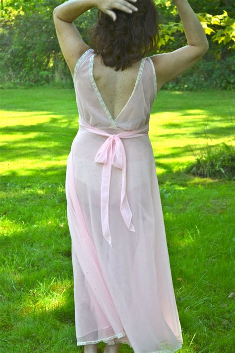 Vintage 60s Lingerie Pink See Through Double Chiffon Long