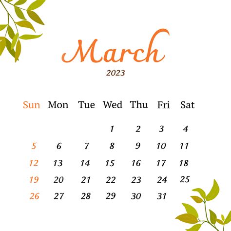 Calendar March 2023 With Leaves March Calendar March 2023 Calendar