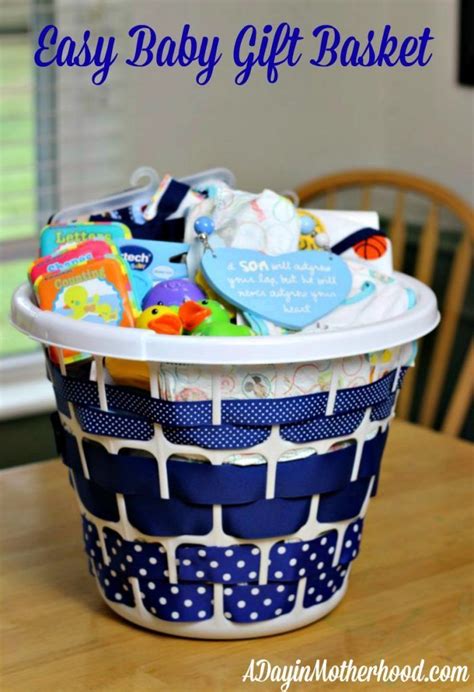 For a teething toy that is a little easier to clean and sterilize, you can make this super cute wooden teething ring with fabric bunny ears. Easy Baby Gift Basket | Baby shower baskets, Baby boy gift ...