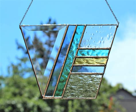 Stained Glass Hanging Suncatcher Window Panel With Bevels Etsy Stained Glass Bevels