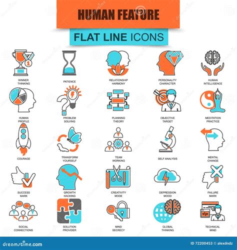 Set Of Thin Line Icons Various Mental Features Of Human Brain Stock