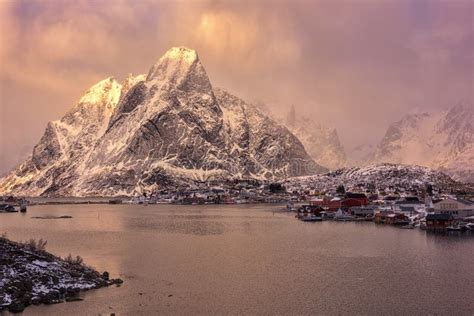 Scenery Dramatic Winter Landscape During Storm At Sunset Reine