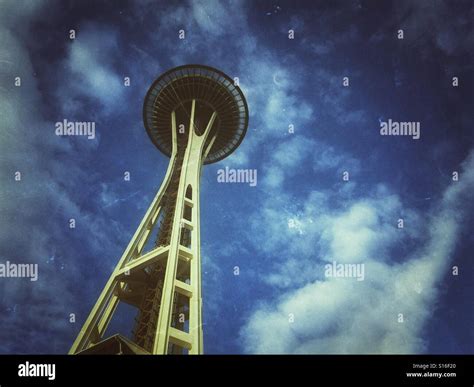 Space Needle Observation Tower In Seattle On Background Of Blue Sky And