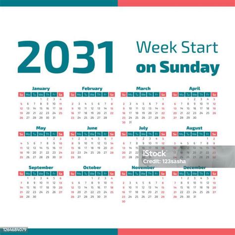 2031 Calendar With The Weeks Start On Sunday Stock Illustration