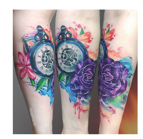 Tattoo Watercolor Clock And Flowers Tattoos Tattoo Designs Tatt