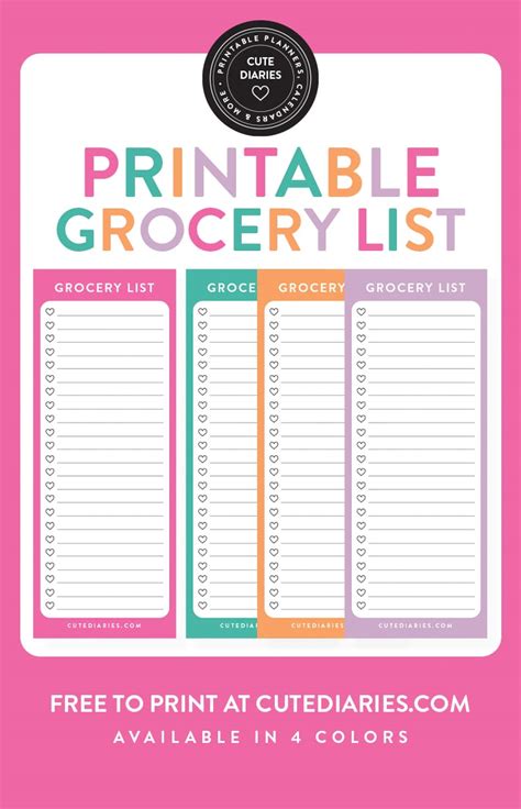 Cute Free Printable Grocery Lists