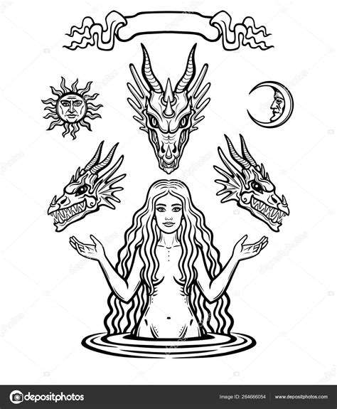 Mystical Drawing Beautiful Goddess Holds Heads Dragons Magic Esoterics