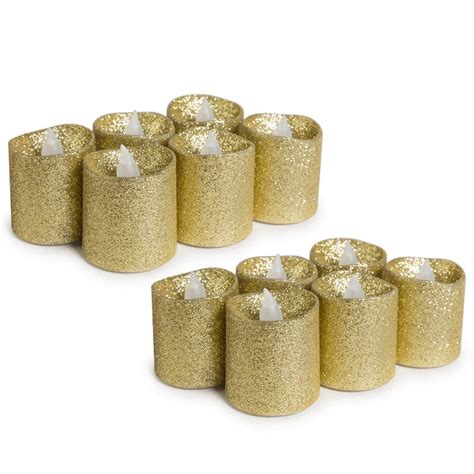 Set Of 6 Or 12 Warm White Flameless Gold Glitter Candles Etsy Gold