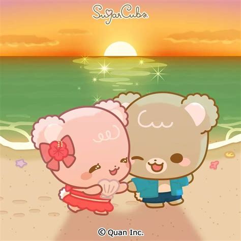 Two Cartoon Bears Standing Next To Each Other On A Beach