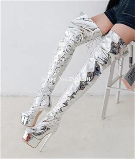 Women Sexy Round Toe Silver Patent Mirror Leather Over Knee High
