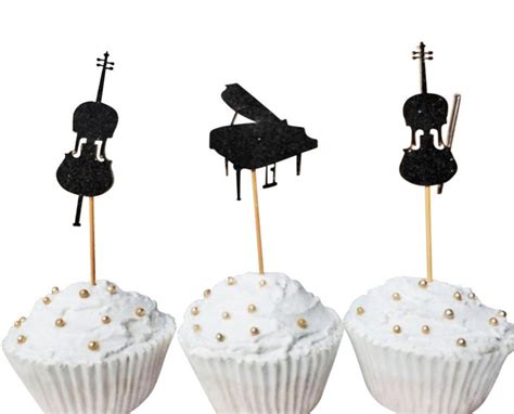 Music Cupcake Toppers Violin Cello Piano Black Glitter Cake Etsy