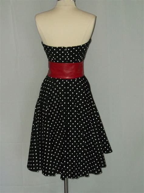 Strapless Black And White Polka Dot Dress With Red Trim And