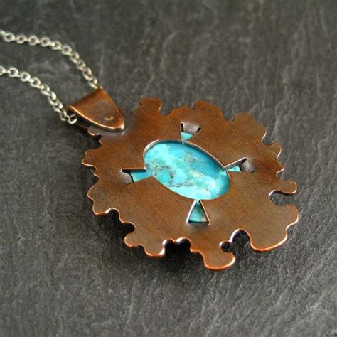 Copper Pendant With Turquoise Cabochon Etched By Cinnamonjewellery