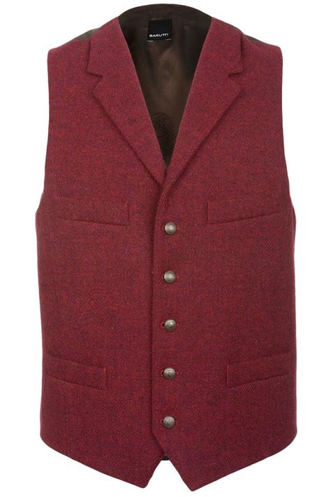 In Claret Red With Metal Buttons Harris Tweed Waistcoat Mens