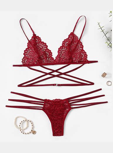 Women S Strappy Bra And Thong Set Beautiful Lace Trim Red