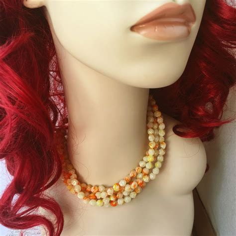 Orange And Yellow Beaded Multistrand Necklace Yellow And Etsy