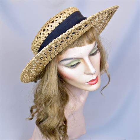 antique vintage straw boater hat ribbon trimmed wide brim open weave straw summer hat