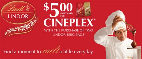 Each gift card comes in an attractive gift card carrier, along with a matching mailing envelope for your convenience. Lindt Cineplex Canada Promotion: FREE $5.00 Cineplex E ...