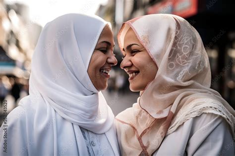 lesbian muslim couple wearing hijab showing love in the street lgbt concept generative ai